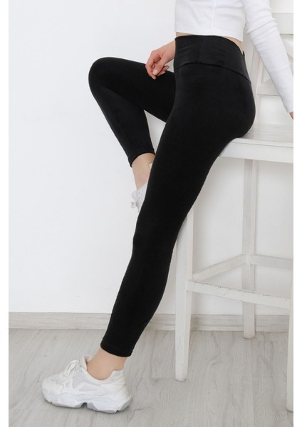 Kadın Yüksek Bel Kalın Kemerli Kışlık Kadife Tayt Siyah - 10318.1582.