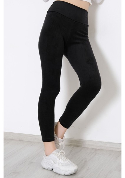 Kadın Yüksek Bel Kalın Kemerli Kışlık Kadife Tayt Siyah - 10318.1582.