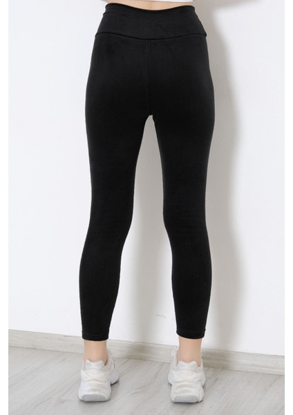 Kadın Yüksek Bel Kalın Kemerli Kışlık Kadife Tayt Siyah - 10318.1582.