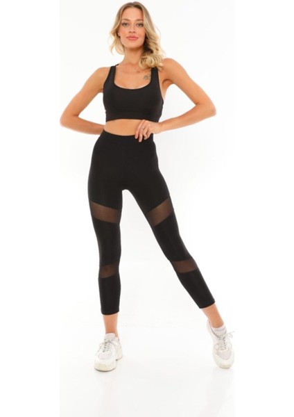 Kadın Siyah Çif Tül Yüksek Bel Spor Tayt