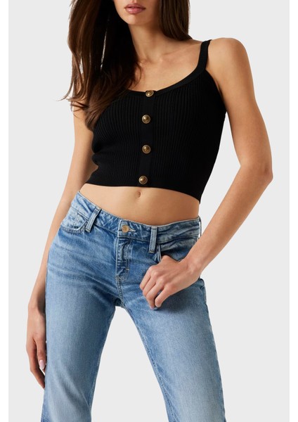 Sl Emiie Fitilli Düğme Detaylı Regular Fit Yuvarlak Yaka Top W5YR10Z0130 Bayan Top W5YR10 Z0130 Jblk