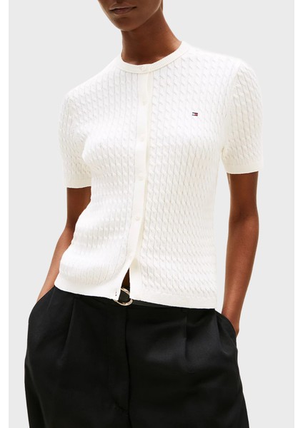 Pamuklu Regular Fit Kısa Kollu Bisiklet Yaka Kısa Örgü Hırka Bayan Hırka WW0WW45707 Ya8