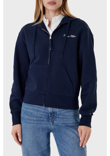 Logolu Pamuklu Regular Fit Kapüşonlu Crop Sweat Bayan Sweat WW0WW45742 C1G