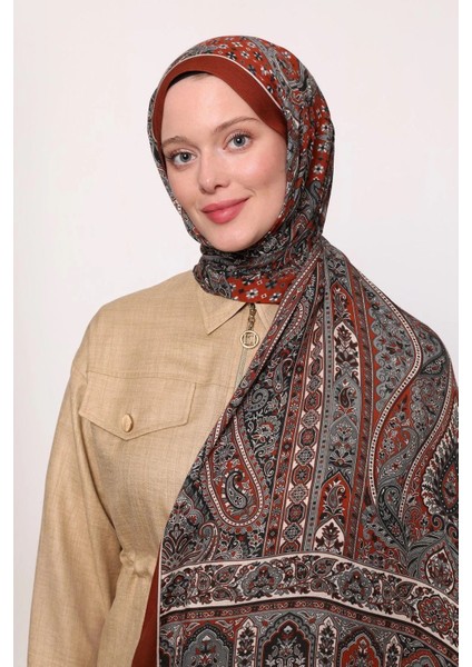 Koyu Kiremit Luven Sara Etnik Desenli Şal