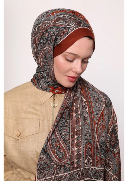 Koyu Kiremit Luven Sara Etnik Desenli Şal modelleri