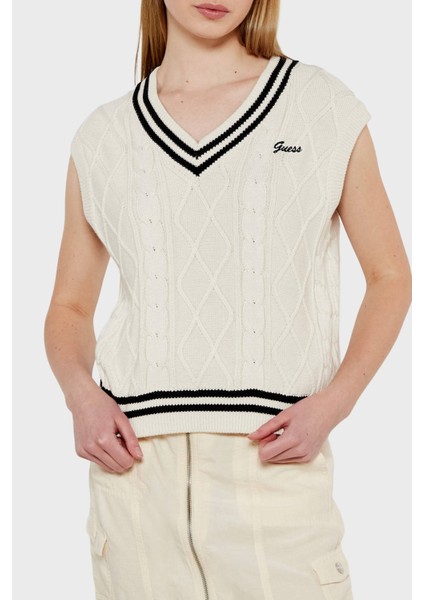 Logolu Pamuklu Standart Fit V Yaka Örgü Süveter V5GR00Z3FB1 Bayan Süveter V5GR00 Z3FB1 G1O6