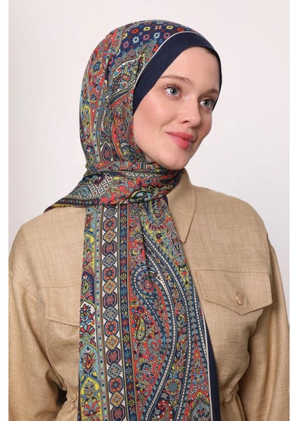 Koyu Lacivert Luven Sara Etnik Desenli Şal