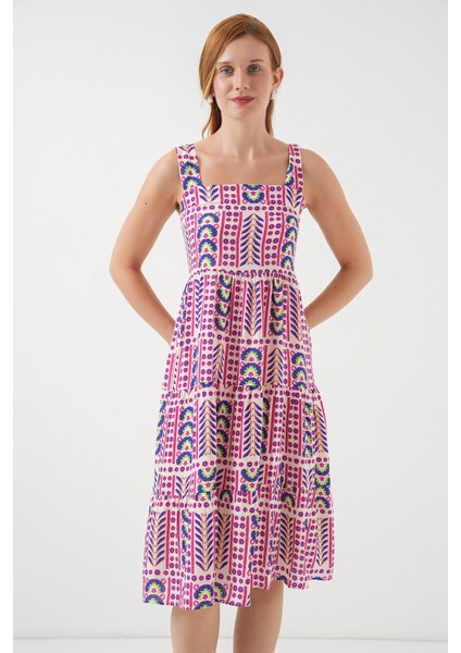 Kadın Desenli Askılı Midi Elbise 2577 - Fuşya modelleri