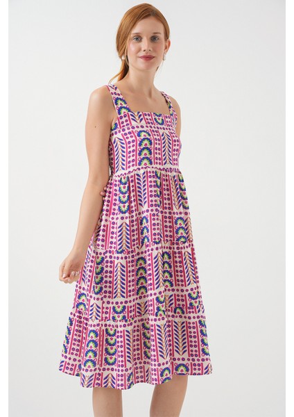 Kadın Desenli Askılı Midi Elbise 2577 - Fuşya fırsatları