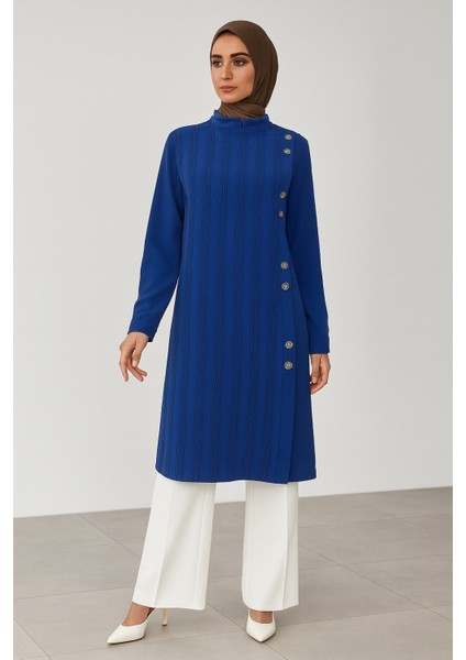 25234 Önü Düğmeli Sıfır Yaka Ön Kısmı Desenli Şık Gömlek Tunik #05-25#