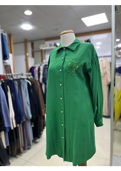 61035 Önü Boncuk Düğmeli Göğüsü Çiçek Desenli Oversize Pamuklu Gömlek #04-25# fiyatları