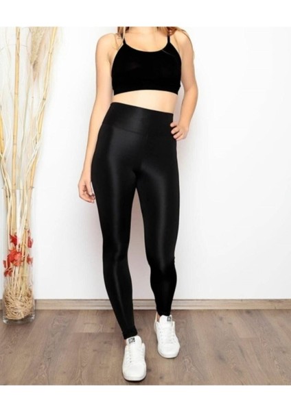 Kadın Siyah Uzun Kemerli Toparlayıcı Parlak Disko Tayt modelleri