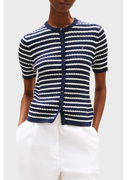 Pamuklu Regular Fit Kısa Kollu Bisiklet Yaka Kısa Örgü Hırka Bayan Hırka WW0WW45707 0bb