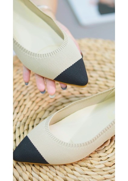 Kadın Bej-Siyah Babet – Rahat & Şık Flyknit Kumaş modelleri