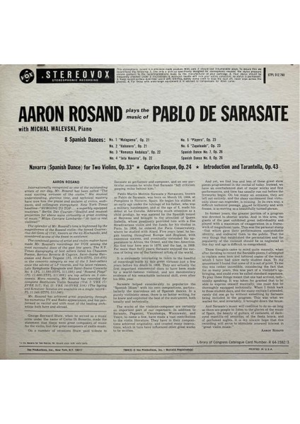 Aaron Rosand-Plays The Music Of Pablo De Sarasate Lp fiyatları