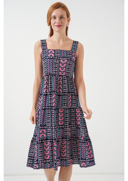 Kadın Desenli Askılı Midi Elbise 2577 - Lacivert