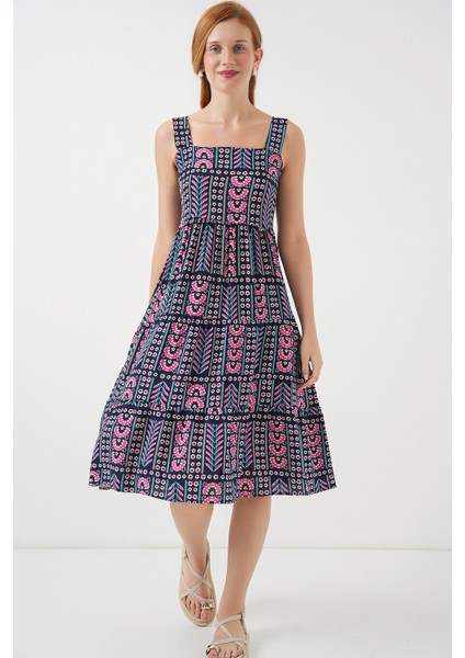 Kadın Desenli Askılı Midi Elbise 2577 - Lacivert fiyatları