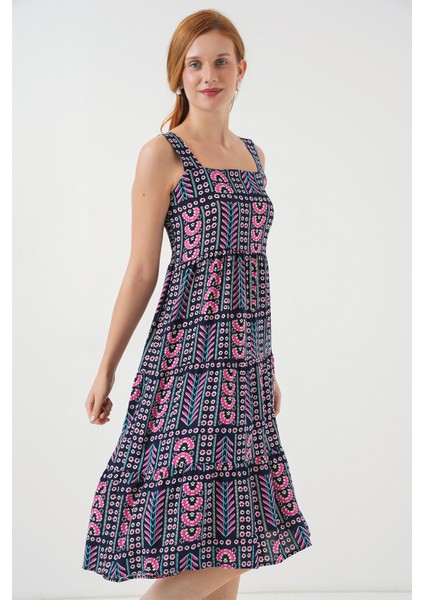 Kadın Desenli Askılı Midi Elbise 2577 - Lacivert modelleri