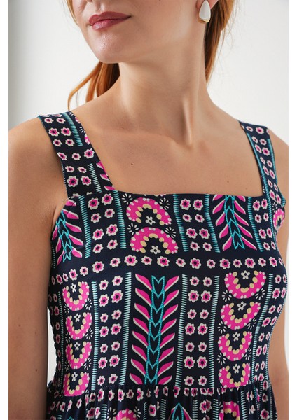 Kadın Desenli Askılı Midi Elbise 2577 - Lacivert indirimleri