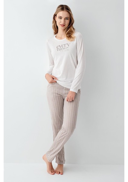 Kadın %100 Pamuklu Pijama Takım, Uzunkol, Cepli, Yazı Baskılı