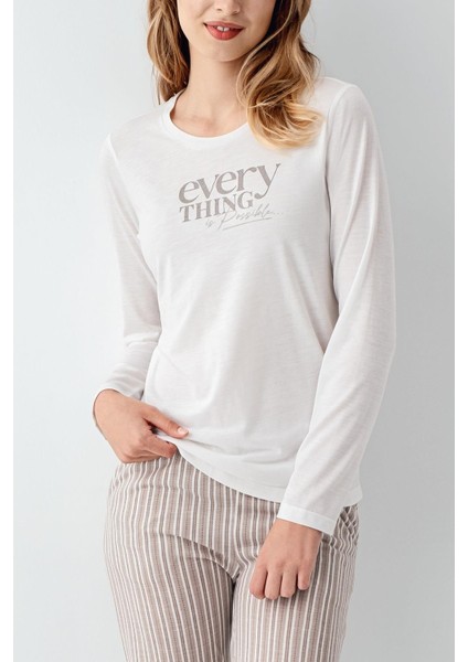 Kadın %100 Pamuklu Pijama Takım, Uzunkol, Cepli, Yazı Baskılı modelleri