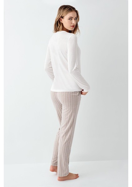 Kadın %100 Pamuklu Pijama Takım, Uzunkol, Cepli, Yazı Baskılı fırsatları