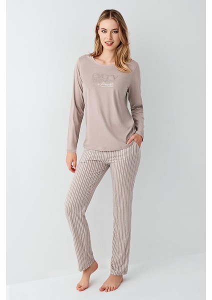 Kadın %100 Pamuklu Pijama Takım, Uzunkol, Cepli, Yazı Baskılı