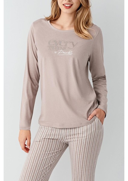 Kadın %100 Pamuklu Pijama Takım, Uzunkol, Cepli, Yazı Baskılı modelleri