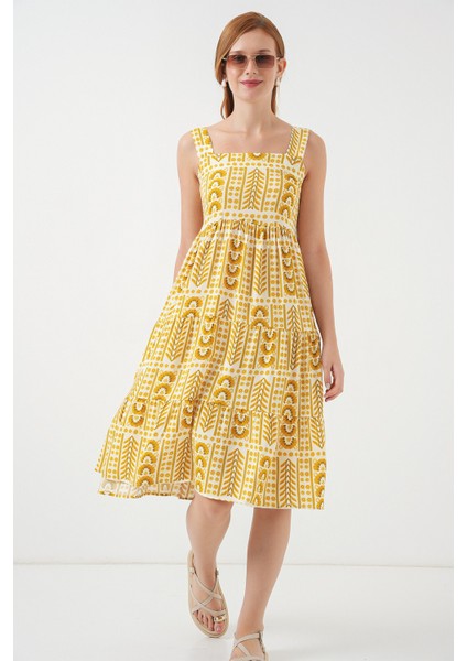 Kadın Desenli Askılı Midi Elbise 2577 - Sarı fiyatları