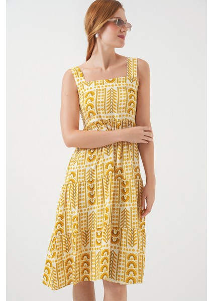 Kadın Desenli Askılı Midi Elbise 2577 - Sarı fırsatları