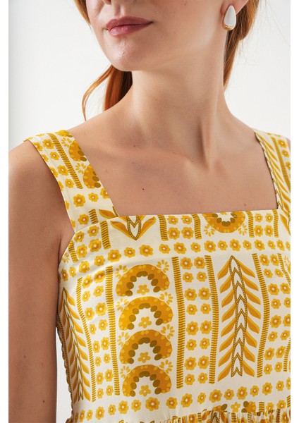 Kadın Desenli Askılı Midi Elbise 2577 - Sarı indirimleri