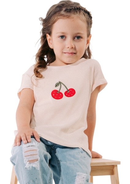 Kiraz Baskılı Kız Çocuk Tshırt Bej