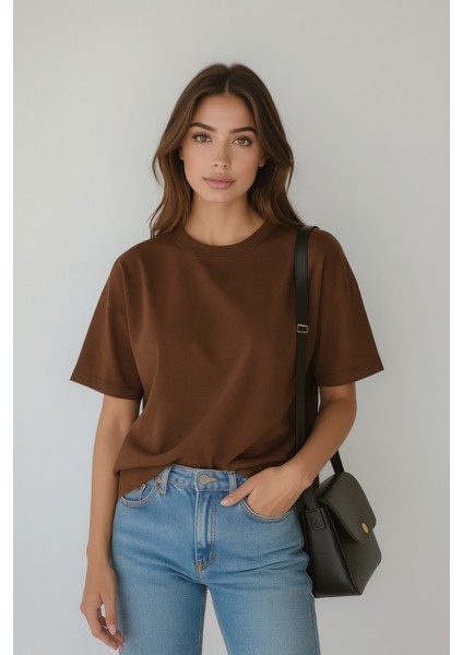 Store %100 Organik Pamuk Nefes Alan Tok Yumuşak Dokulu Premium Yarım Oversize Bisiklet Yaka Basic Kadın/Unisex Tişört Kahverengi