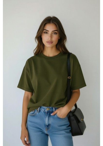 Store %100 Organik Pamuk Nefes Alan Tok Yumuşak Dokulu Premium Yarım Oversize Bisiklet Yaka Basic Kadın/Unisex Tişört Haki