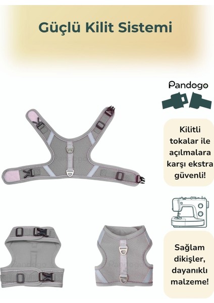 Kedi Tasması Göğüs Boyun Tasma Seti Sevk Kayışlı Terletmeyen Nefes Alan Reflektörlü Tasma Gri S