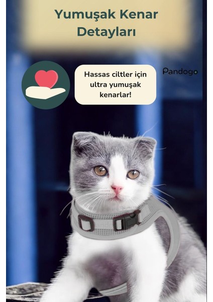 Kedi Tasması Göğüs Boyun Tasma Seti Sevk Kayışlı Terletmeyen Nefes Alan Reflektörlü Tasma Gri S