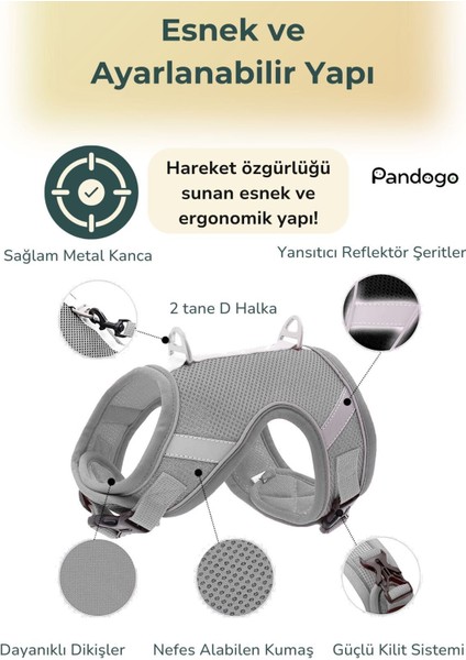 Kedi Tasması Göğüs Boyun Tasma Seti Sevk Kayışlı Terletmeyen Nefes Alan Reflektörlü Tasma Gri S