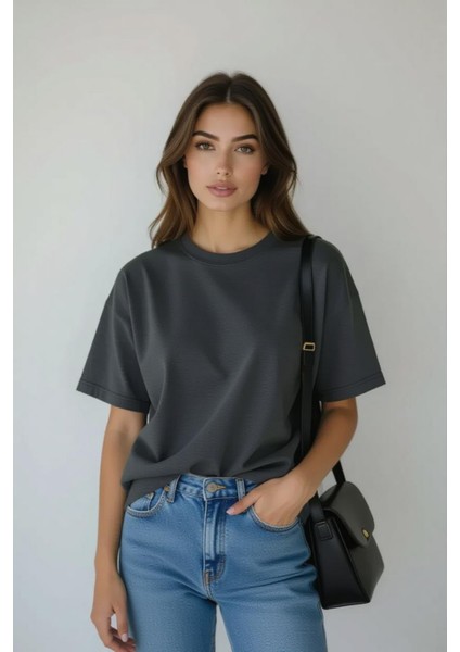 Store %100 Organik Pamuk Nefes Alan Tok Yumuşak Dokulu Premium Yarım Oversize Bisiklet Yaka Basic Kadın/Unisex Tişört Antrasit