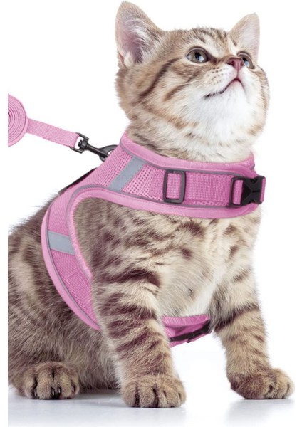 Kedi Tasması Göğüs Boyun Tasma Seti Sevk Kayışlı Terletmeyen Nefes Alan Reflektörlü Tasma Pembe L
