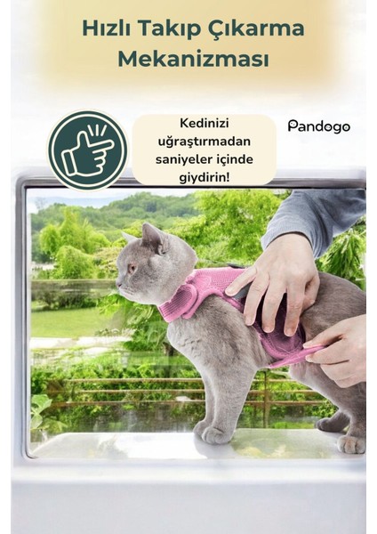 Kedi Tasması Göğüs Boyun Tasma Seti Sevk Kayışlı Terletmeyen Nefes Alan Reflektörlü Tasma Pembe L