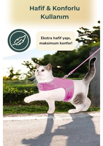 Kedi Tasması Göğüs Boyun Tasma Seti Sevk Kayışlı Terletmeyen Nefes Alan Reflektörlü Tasma Pembe L