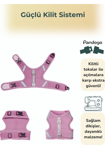 Kedi Tasması Göğüs Boyun Tasma Seti Sevk Kayışlı Terletmeyen Nefes Alan Reflektörlü Tasma Pembe L