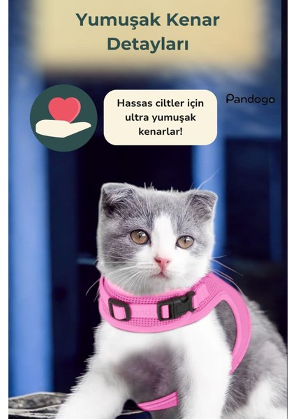 Kedi Tasması Göğüs Boyun Tasma Seti Sevk Kayışlı Terletmeyen Nefes Alan Reflektörlü Tasma Pembe L
