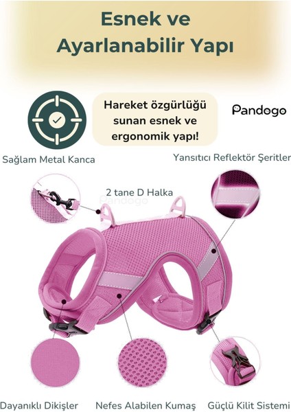 Kedi Tasması Göğüs Boyun Tasma Seti Sevk Kayışlı Terletmeyen Nefes Alan Reflektörlü Tasma Pembe L