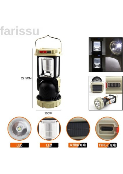 Çok Fonksiyonlu Şarjlı Kamp Lambası Feneri - Güneş Enerjili, Powerbank Özellikli, 4 Modlu, Suya Dayanıklı modelleri