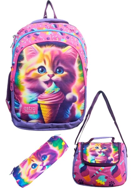 3 Bölmeli Kalemlikli ve Beslenmeli Ilk Okul Çantası Su Geçirmez Full Astarlı Kedicik