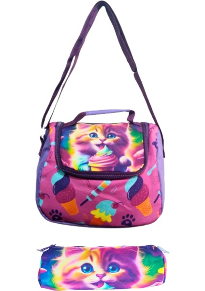 3 Bölmeli Kalemlikli ve Beslenmeli Ilk Okul Çantası Su Geçirmez Full Astarlı Kedicik modelleri