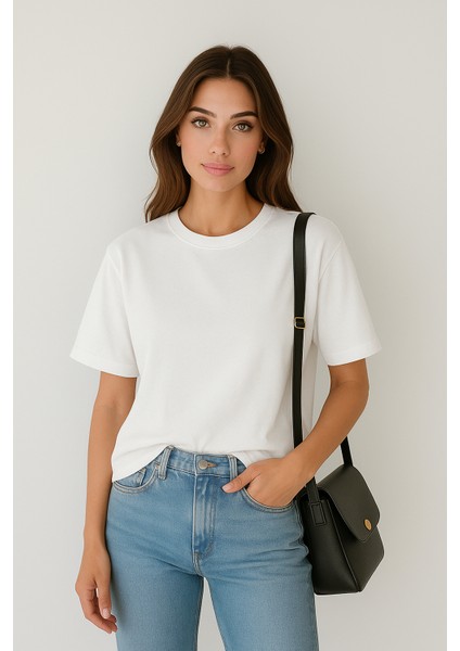 Store %100 Organik Pamuk Nefes Alan Tok Yumuşak Dokulu Premium Yarım Oversize Bisiklet Yaka Basic Kadın/Unisex Tişört Beyaz