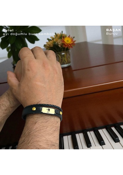 14 Ayar Altın Plakalı Başak Burçları Için Hakiki Siyah Derili Oval Motifli Hediye BILEKLIK-563BURÇ