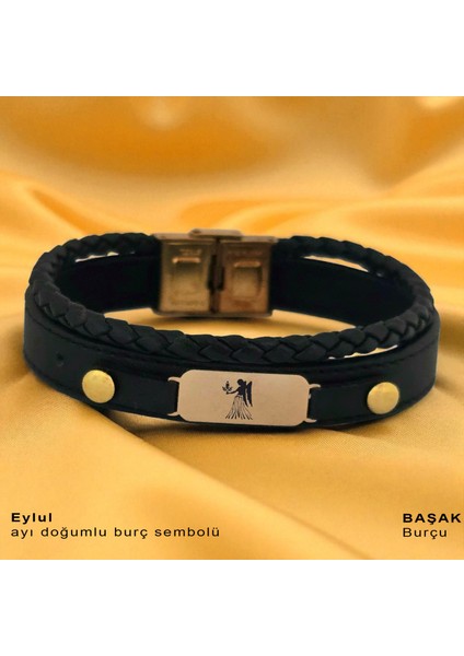 14 Ayar Altın Plakalı Başak Burçları Için Hakiki Siyah Derili Oval Motifli Hediye BILEKLIK-563BURÇ fiyatları